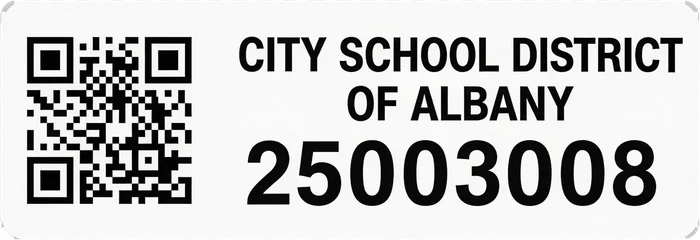 City School District of Albany tag with QR code and number 25003008