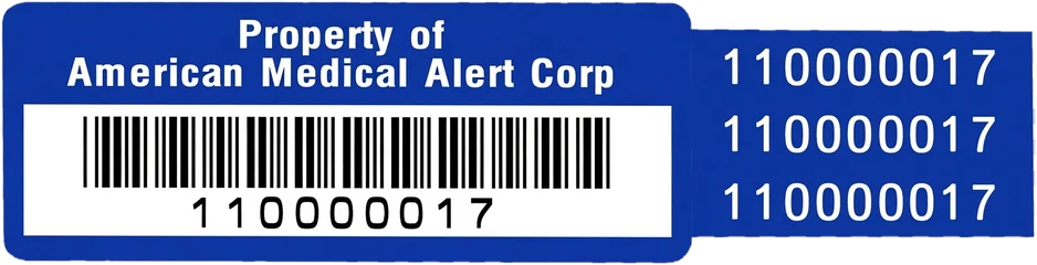 American Medical Alert Corp blue asset tag with three tear-off number strips
