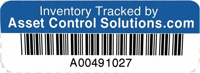 Asset Control Solutions inventory tag, blue header with barcode