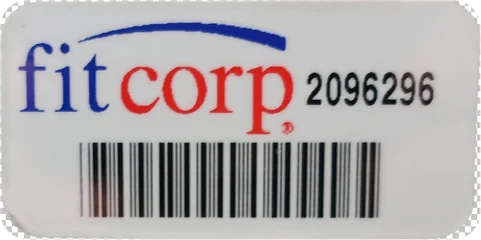Fitcorp asset tag with full-color logo and barcode