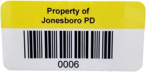 Jonesboro PD asset tag, yellow header with barcode 0006