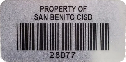 San Benito CISD silver asset tag with barcode 28077