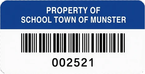 School Town of Munster asset tag, blue header with barcode 002521