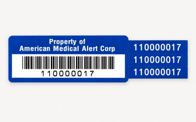 Blue four-part tag reading Property of American Medical Alert Corp, with a barcode, the number 110000017, and three matching tabs
