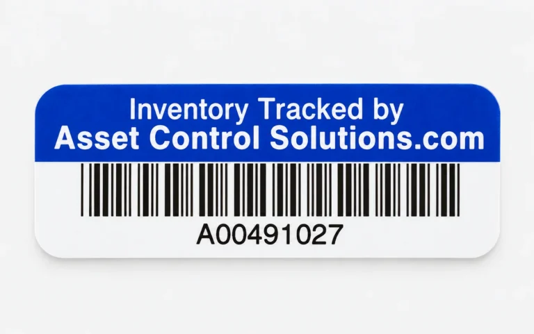 Asset tag with a blue header reading Inventory Tracked by Asset Control Solutions.com, a barcode, and the number A00491027