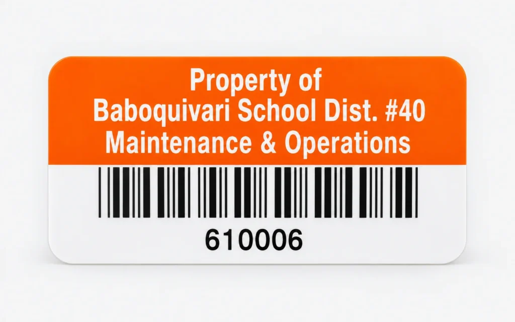 Orange-header asset tag reading Property of Baboquivari School Dist. #40 Maintenance & Operations, with a barcode and the number 610006