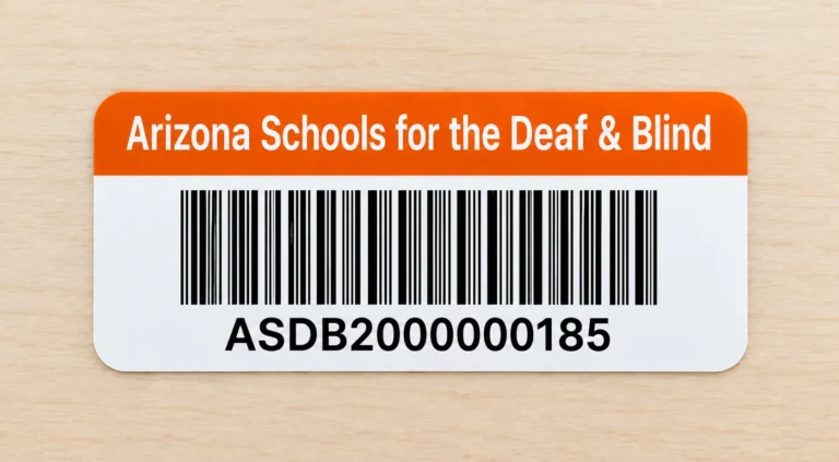 Orange-header asset tag for Arizona Schools for the Deaf & Blind with a barcode and the number ASDB2000000185