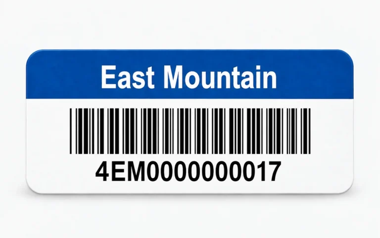 Blue-header East Mountain asset tag with a barcode and the number 4EM0000000017