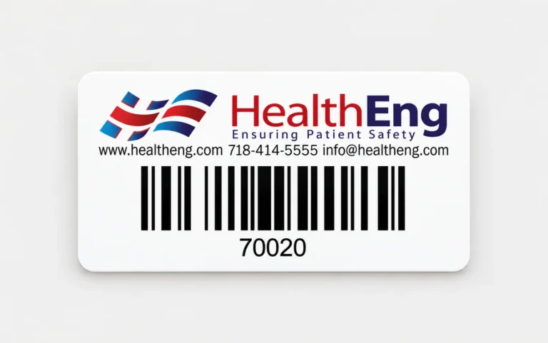 White HealthEng asset tag with the company logo, web address, phone number, a barcode, and the number 70020