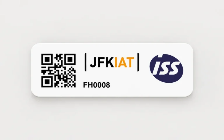 White asset tag with a QR code, the JFKIAT and ISS logos, and the number FH0008