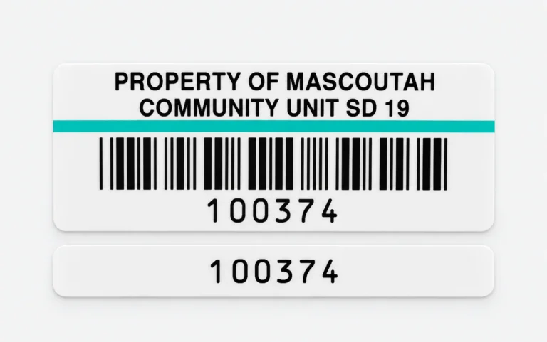Two-part asset tag reading Property of Mascoutah Community Unit SD 19 with a light blue stripe, a barcode, and a matching stub numbered 100374