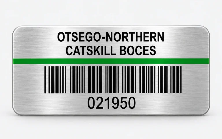 Silver asset tag for Otsego-Northern Catskill BOCES with a green stripe, a barcode, and the number 021950