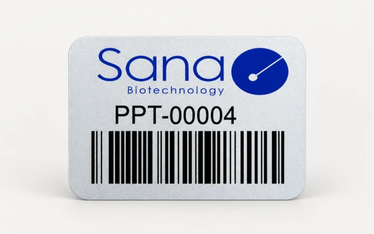 Silver Sana Biotechnology asset tag with the company logo, the ID PPT-00004, and a barcode