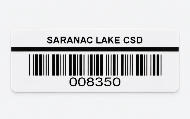 Saranac Lake CSD asset tag with a black stripe, a barcode, and the number 008350