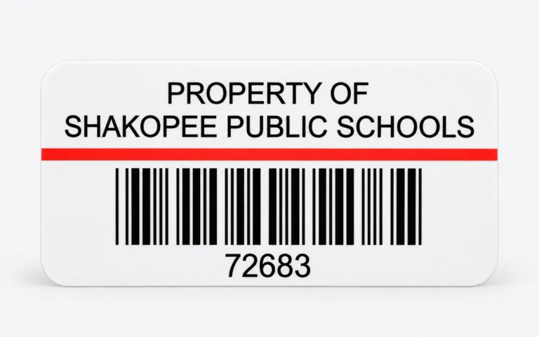 Asset tag reading Property of Shakopee Public Schools with a red stripe, a barcode, and the number 72683