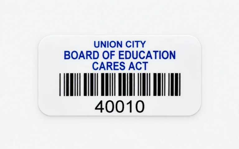 Asset tag reading Union City Board of Education CARES Act, with a barcode and the number 40010