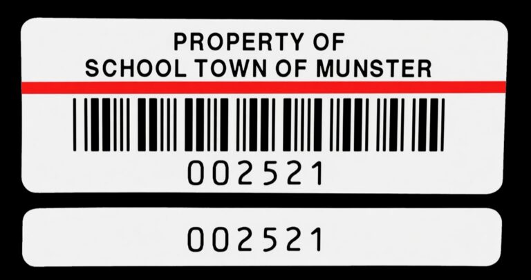 Two-part school property tag reading Property of School Town of Munster, with a red rule line, a barcode, the number 002521, and a matching stub printed with the same number