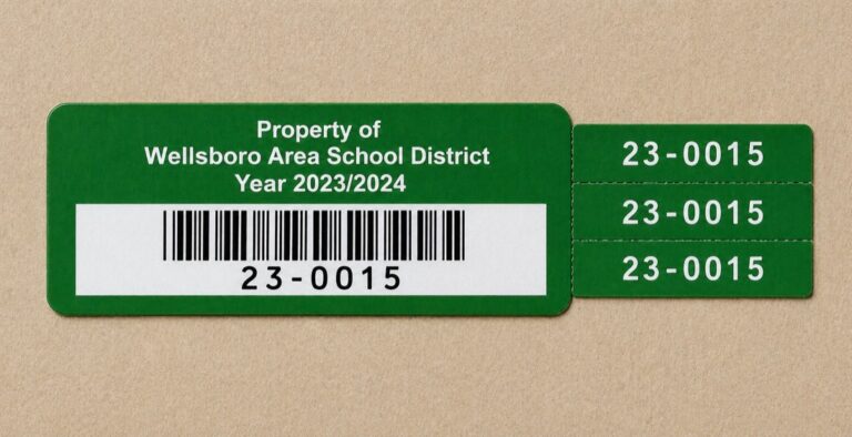 Green four-part asset tag reading Property of Wellsboro Area School District, Year 2023/2024, with a barcode reading 23-0015 and three matching tabs