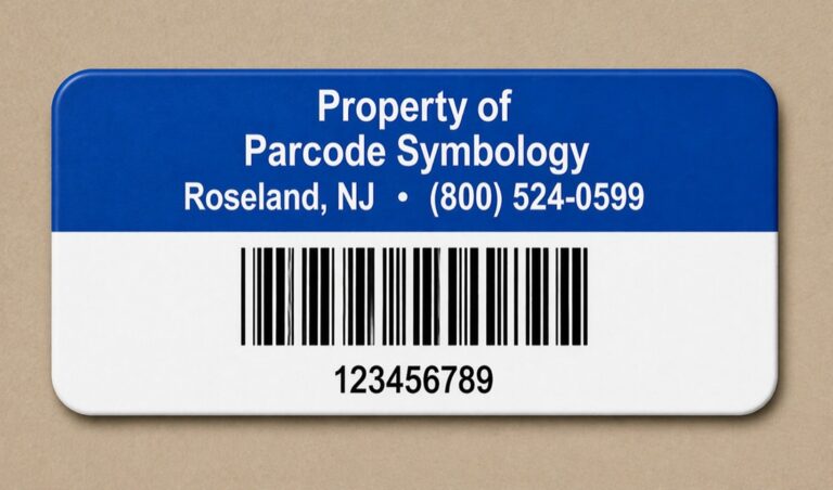 Blue color-header property tag with a barcode and a nine-digit asset number