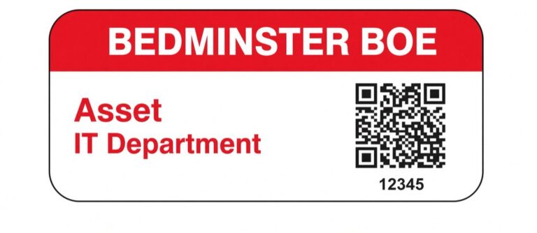 Red header asset tag reading Bedminster BOE, Asset IT Department, with a QR code and an asset number